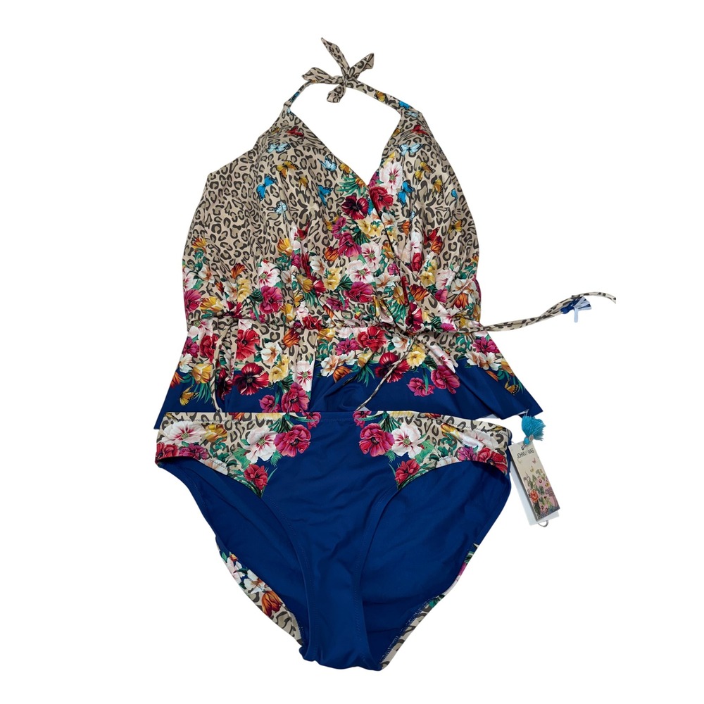 Johnny Was Tankini Swimsuit 2X Iva Hipster Floral Leopard Boho Beach Resort NEW
